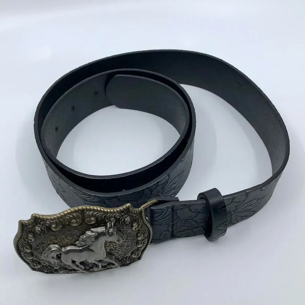 Women's Black Embossed Western Horse Buckle Belt, 28.5–39.5 Inches, X7G9A1018